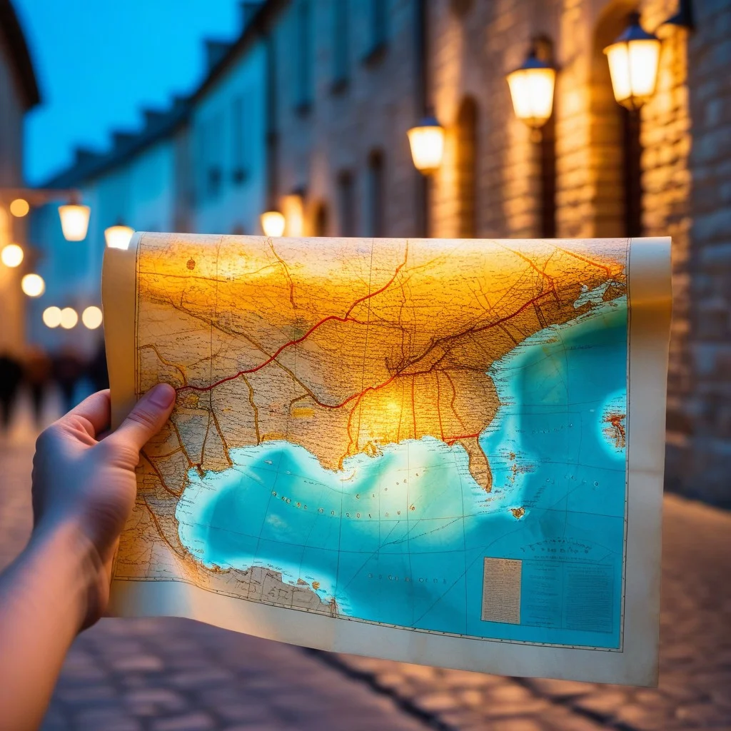 Detail shot of a hand holding an old, weathered map or a piece of parchment, illuminated by a cool, electric cyan light. The background is a blur of warm stone walls and the vibrant, colorful lights of the street scene, creating a dynamic contrast between the past and the present. The focus is on the texture of the paper and the intensity of the light.