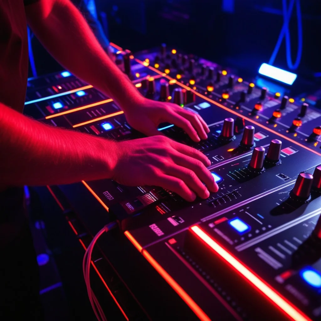 Close-up of a DJ's hands adjusting knobs on a mixer, illuminated by red laser beams, cables snaking across the dark stage floor, sense of intense focus and rhythm.