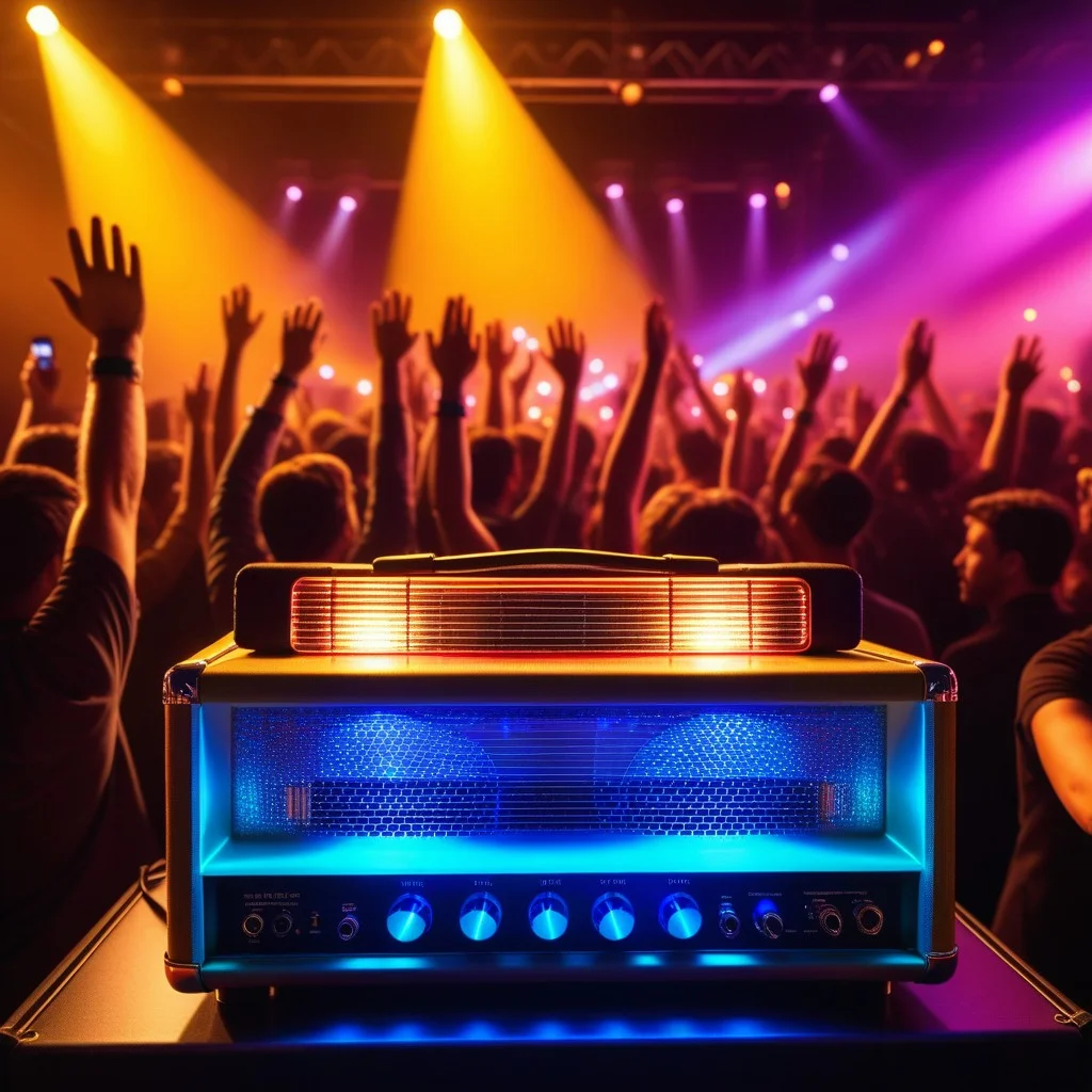 Detail shot of a vintage amplifier with glowing tubes, surrounded by a crowd of hands raised in the air, colorful stage lights reflecting on the glossy floor, dynamic and chaotic energy.