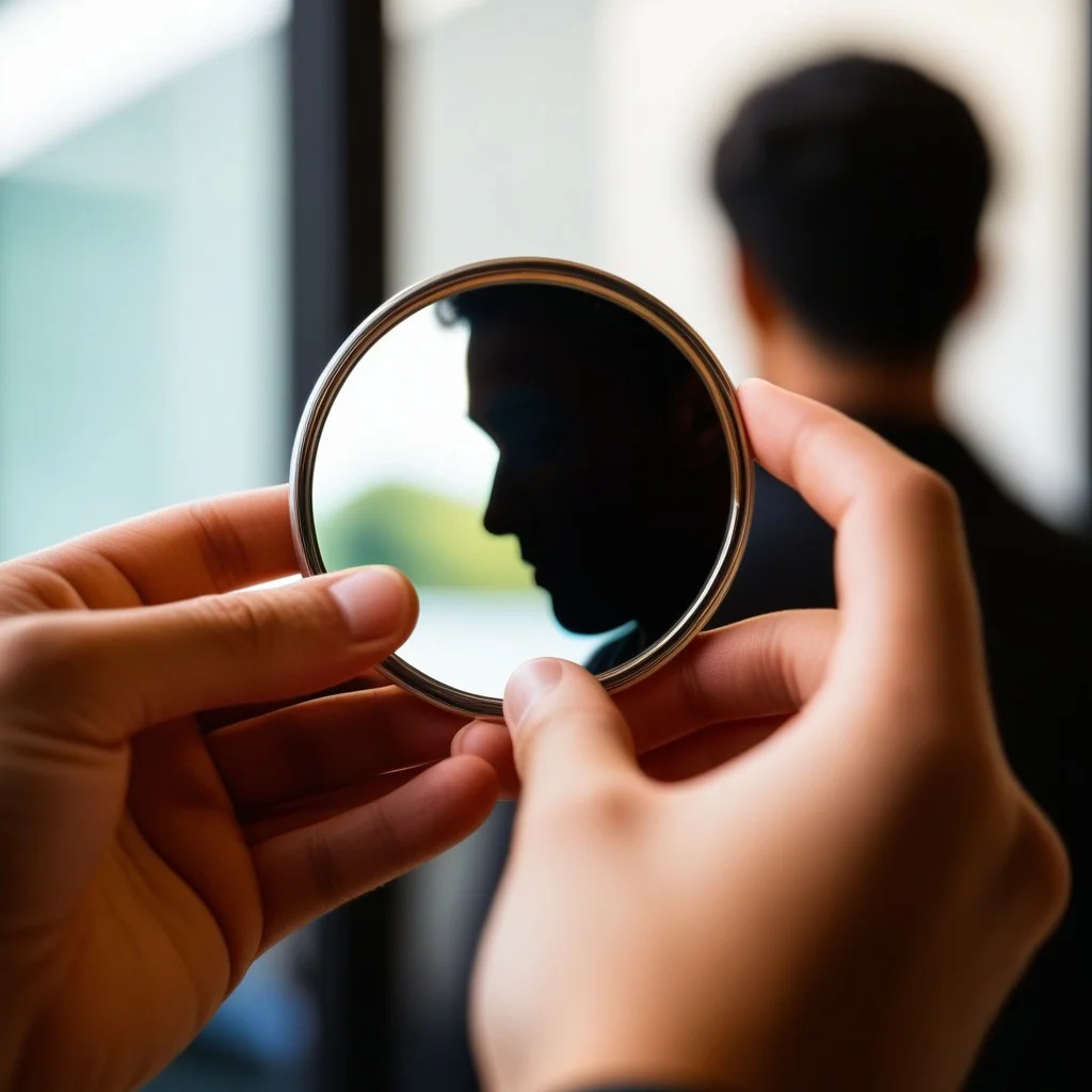 A close-up of a pair of hands holding a small, reflective mirror, capturing the blurred silhouette of a performer in the background. The focus is on the texture of the hands and the clear glass, symbolizing the theme of self-reflection and duality.