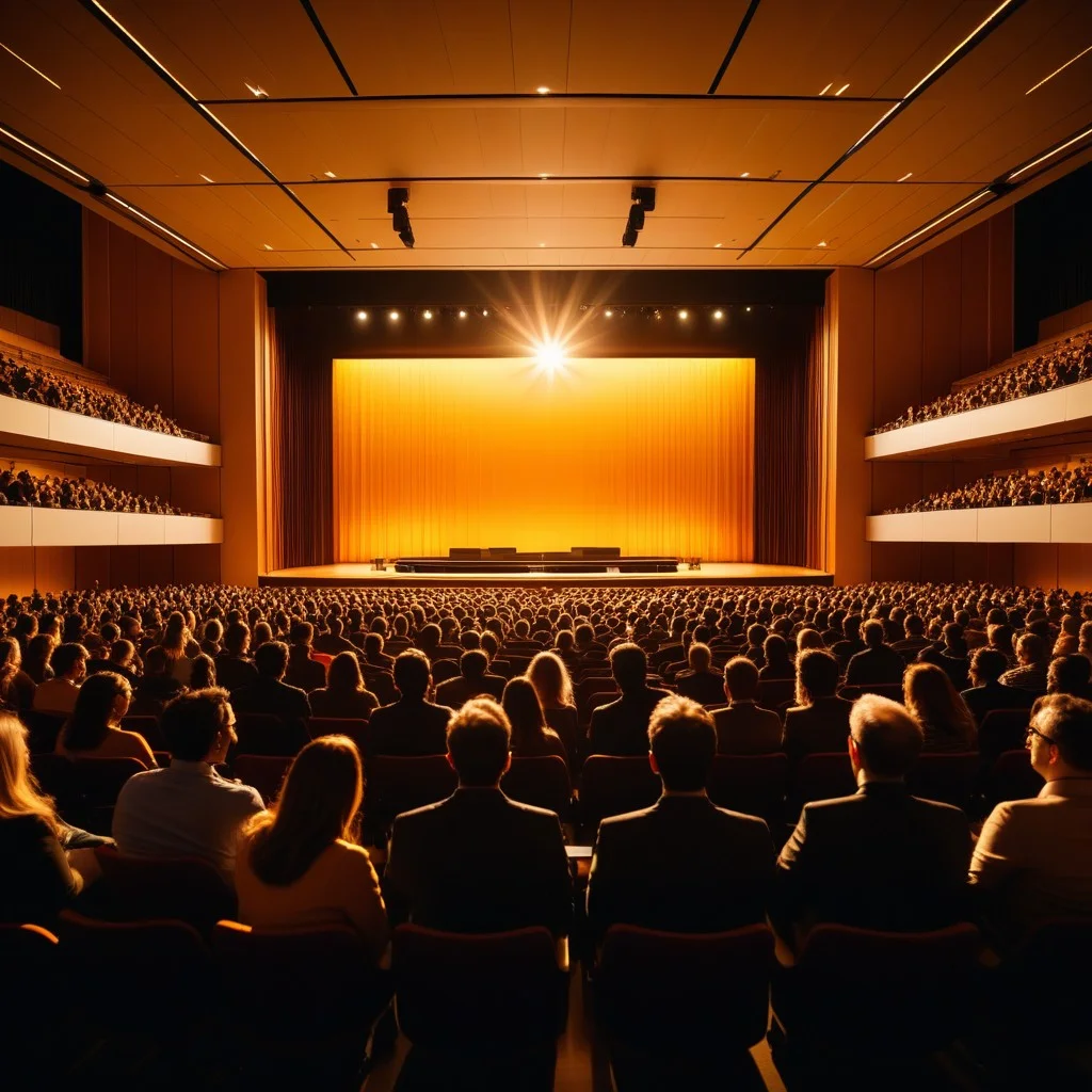 A wide shot of an audience in a modern auditorium, seen from the back. The stage is glowing with warm amber light, and the silhouettes of the crowd are relaxed and attentive, creating a sense of shared community and anticipation.