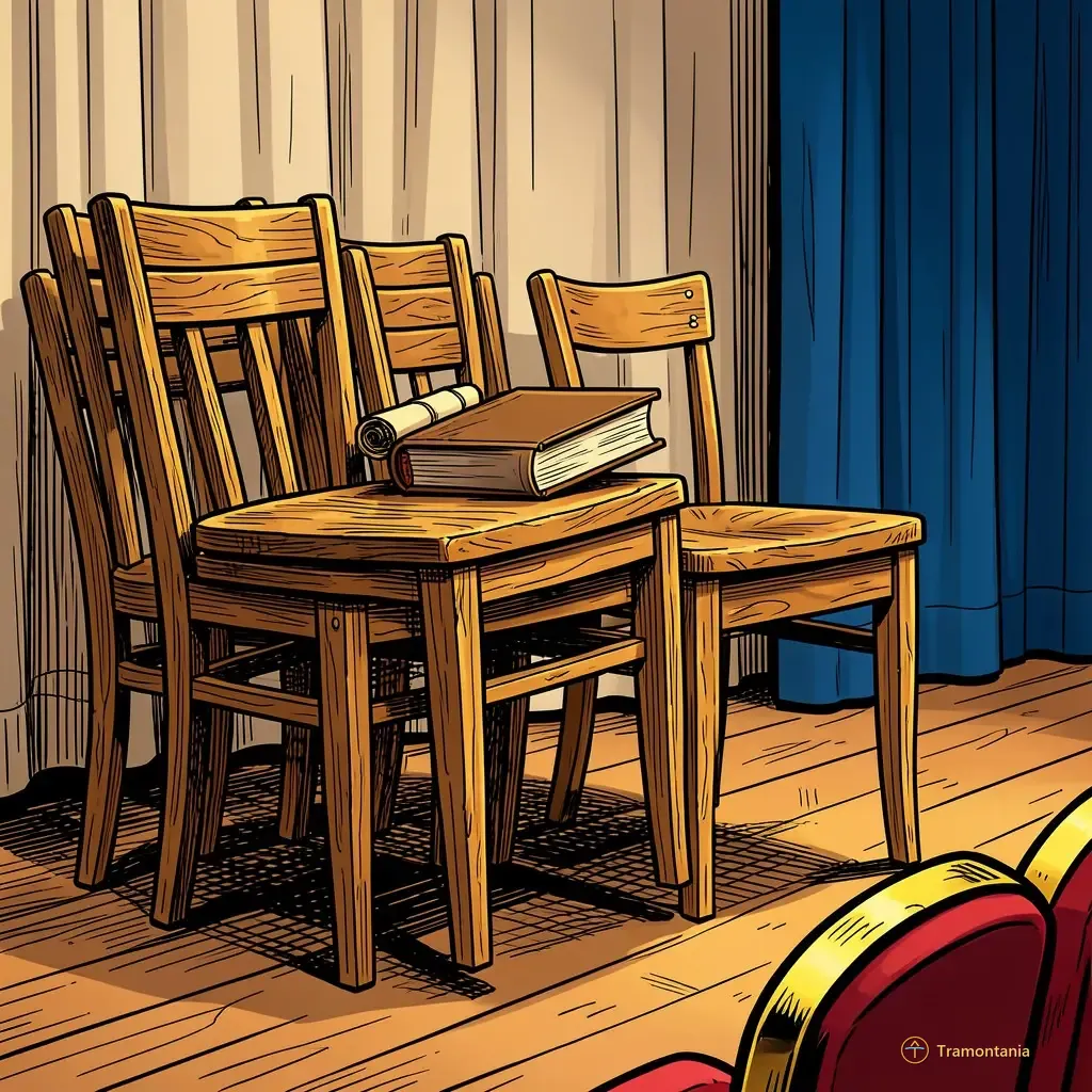 A detailed, eye-level shot of a stack of old theatrical wooden chairs and small props (like period books or scrolls) waiting backstage in the wings of an ornate theater. The wood grain is visible under bright indoor lighting; focus on the texture of the aged timber and the clean lines of the furniture against a neutral background curtain material.