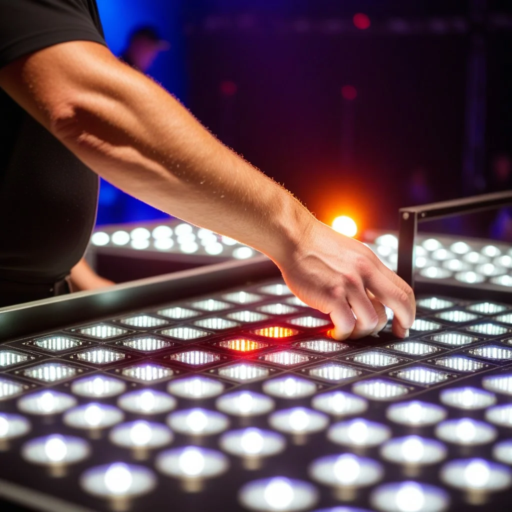 Close-up of a stagehand's hands adjusting a complex lighting fixture, with blurred background showing the intricate details of the stage floor and safety markings. Focus on the precision and technical craftsmanship.
