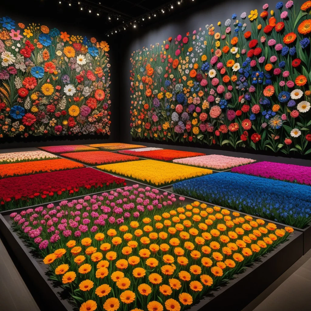 Detailed shot of the '400 % - Flower Fields' installation, showing a dense cluster of intricate floral drawings in vibrant colors, creating a textured, three-dimensional effect against a dark stage backdrop.