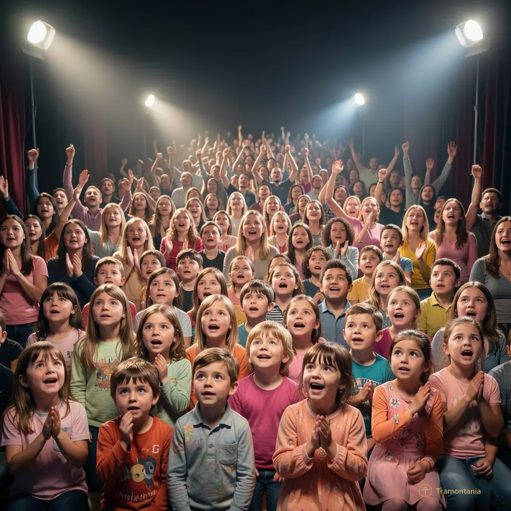 Une foule d'enfants et de parents regardant avec émerveillement la scène, les visages illuminés par la lumière des projecteurs