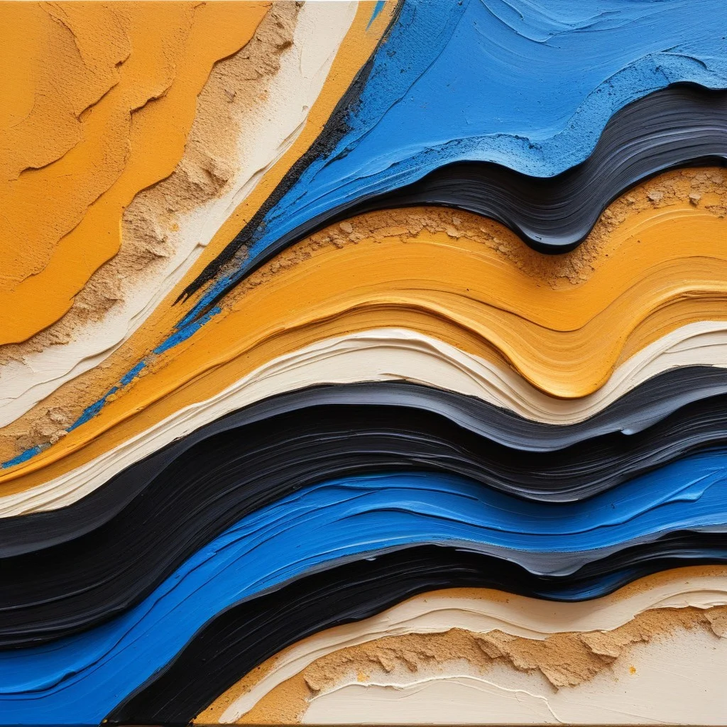 A close-up detail of a textured abstract painting. The surface shows thick impasto layers of paint in ochre, blue, and black. The texture is rough and tactile, resembling dried earth or clay. A soft shadow falls across the lower right corner, emphasizing the depth and materiality of the work.