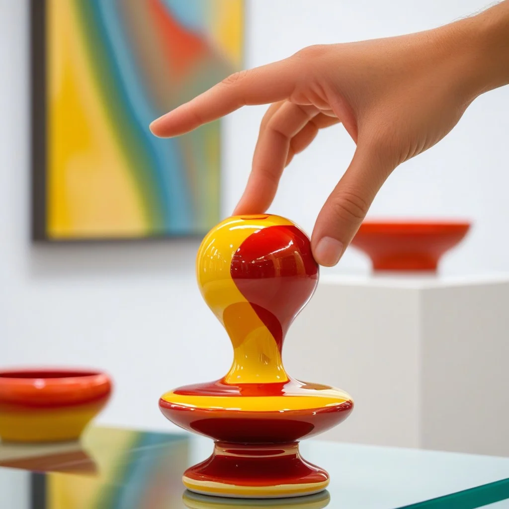 A medium shot of a visitor's hand gently hovering over a small, colorful ceramic sculpture on a glass pedestal. The sculpture is irregular and playful, with bright red and yellow glazes. The background is blurred, focusing attention on the interaction between the human touch and the artistic object.