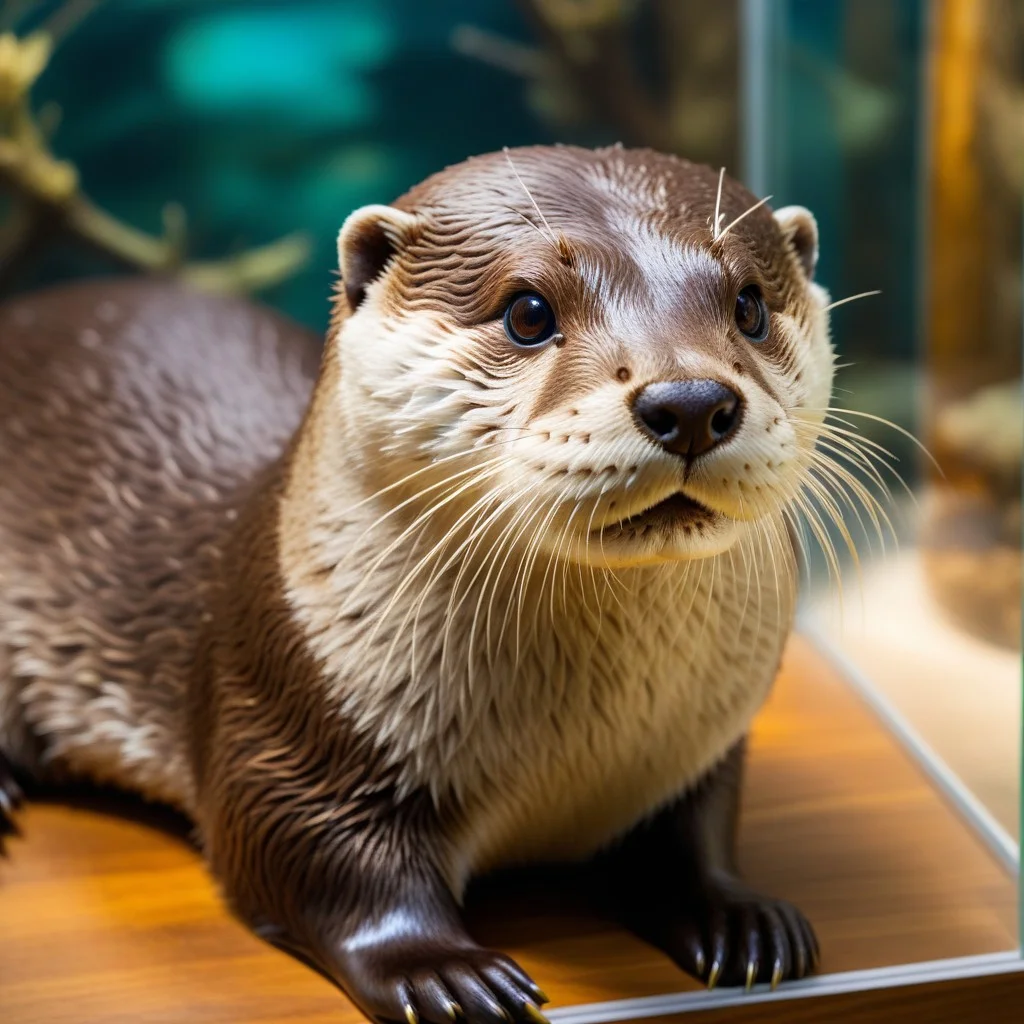Close-up of a detailed taxidermy European otter in a glass case, fur texture visible, soft museum lighting highlighting the eyes, background blurred with other natural history specimens, evoking a sense of quiet observation.