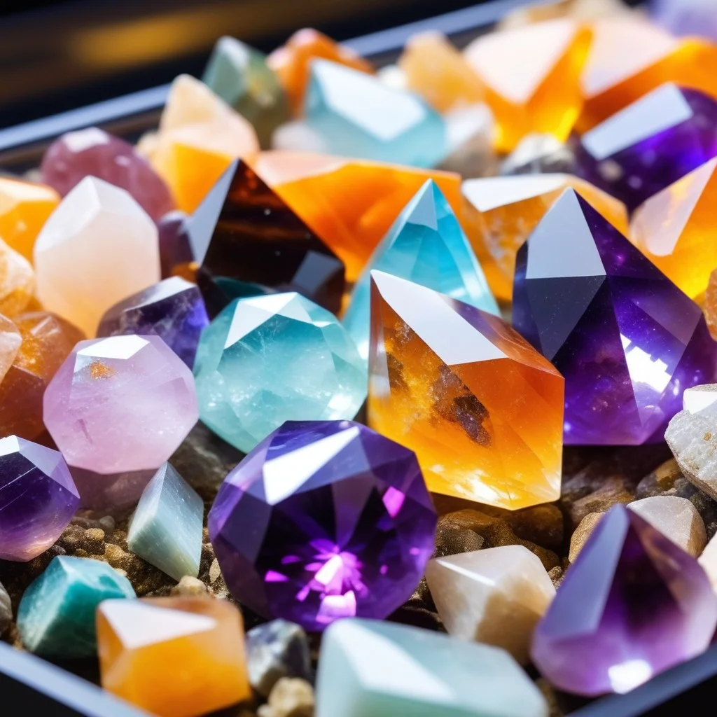 Extreme close-up of a collection of polished minerals and crystals in a display case, vibrant colors of quartz and amethyst reflecting the light, intricate details of the stone structures, shallow depth of field.