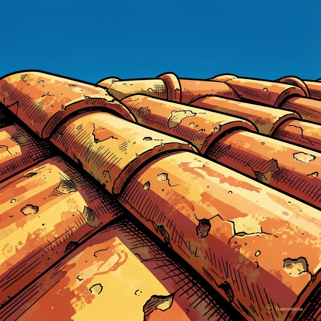 A detailed macro shot, taken at eye-level and slightly from a low angle, focusing on the texture of rough terracotta roof tiles (not covering any wall or ground). The light is bright midday sun casting strong highlights on the weathered clay surface, emphasizing its natural wear and patina.