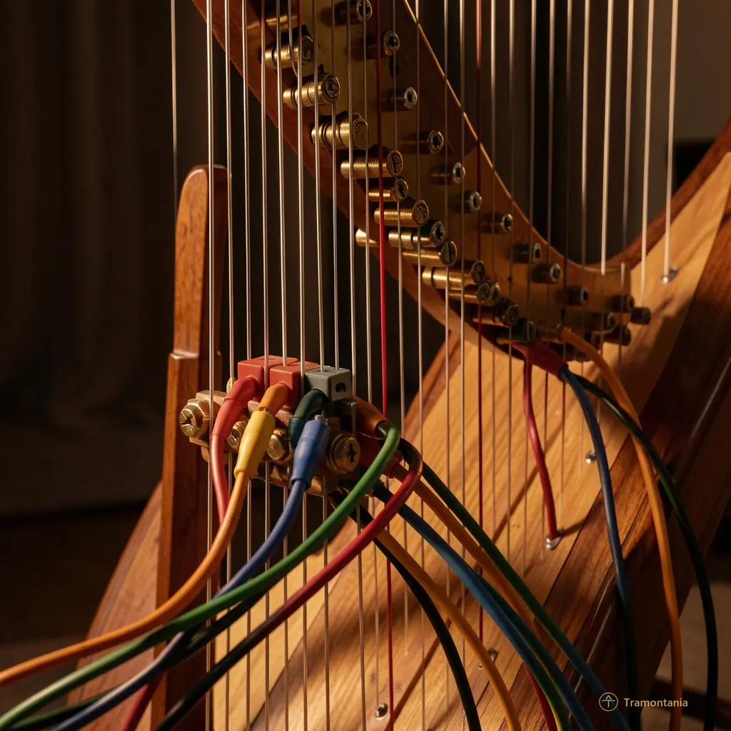Gros plan artistique sur une harpe électro-acoustique avec des câbles colorés connectés, lumière tamisée et ambiance intime