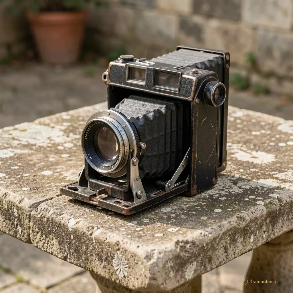 An old film camera resting on an ancient stone table
