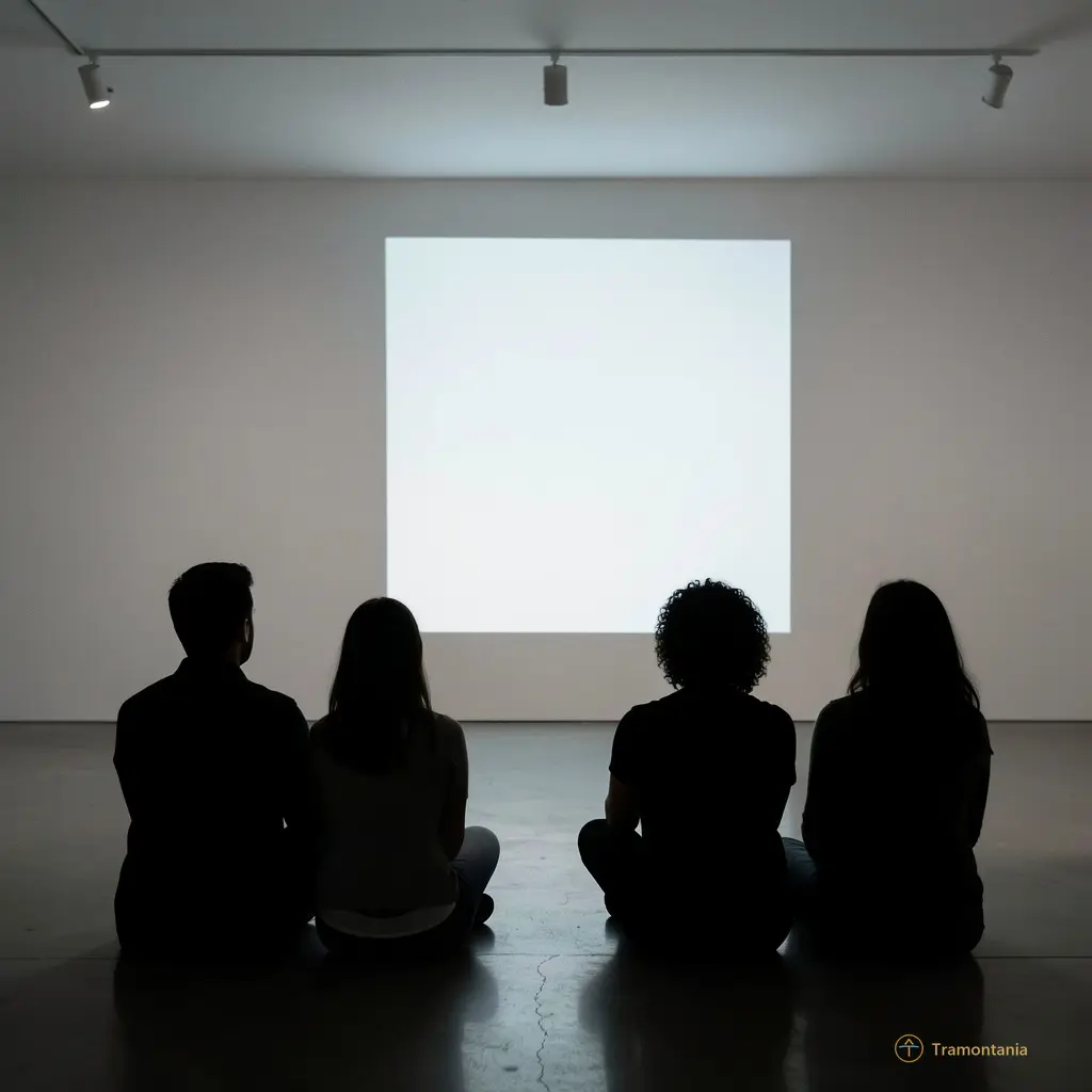 Silhouettes sitting watching a projection on a white wall, dim lighting