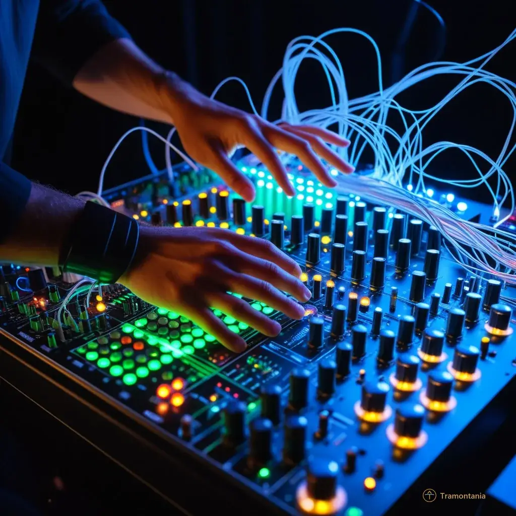Close-up of a musician's hand manipulating a complex modular synthesizer with glowing knobs and cables, surrounded by floating holographic particles projected from the device itself, creating a cybernetic aesthetic against a dark background.