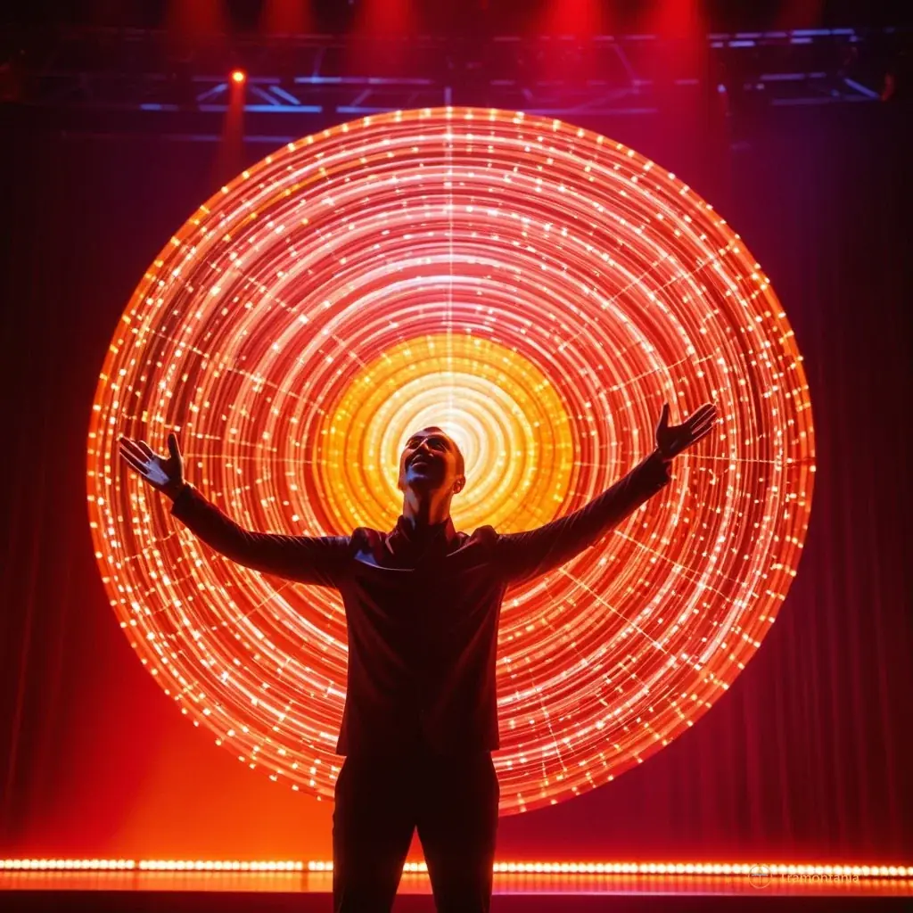 Dynamic shot of a performer on stage holding a glowing prop that emits streams of digital data visuals into the air, with dramatic red and orange lighting contrasting against the cool tones of the set design, capturing the energy of the performance.
