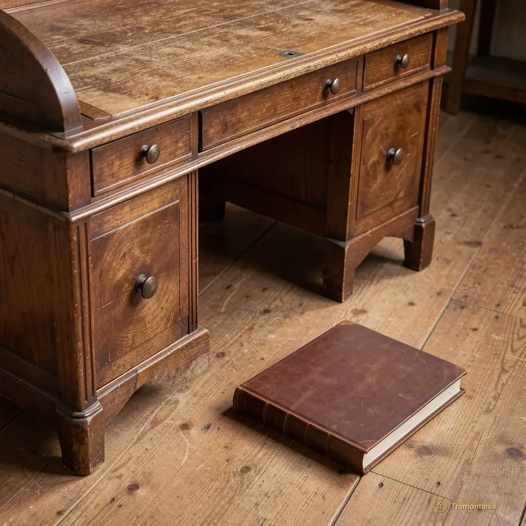 A close detail shot of an antique wooden writing desk and a small stack of leather-bound books on the stage floor, suggesting documentation or investigation in a historical setting. The wood grain is visible; no text or signage present.