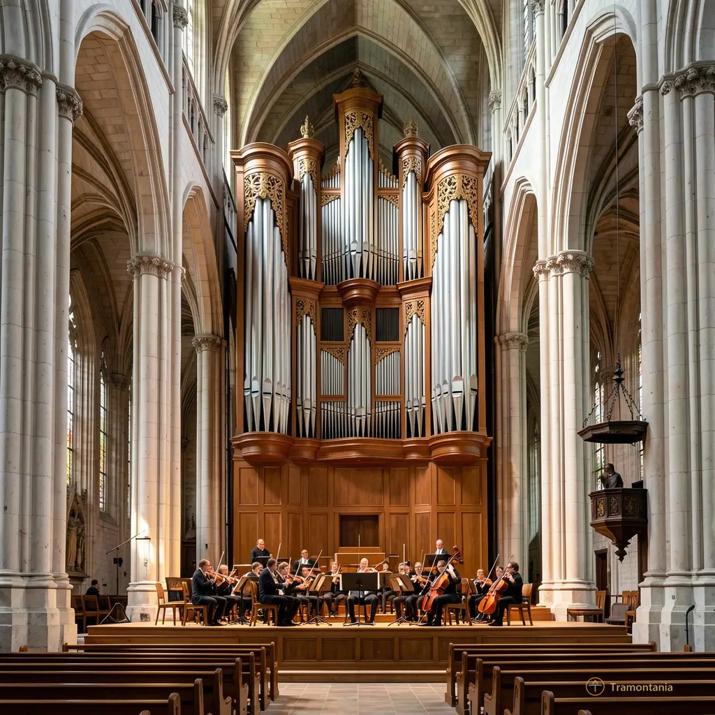 Wide shot of the cathedral interior showing the organ pipes and musicians on a low platform