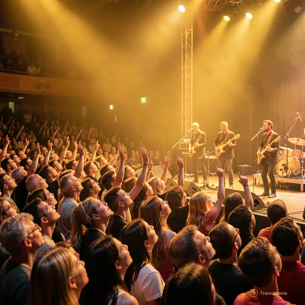 Audience members looking up in awe at the musicians with warm golden stage lighting