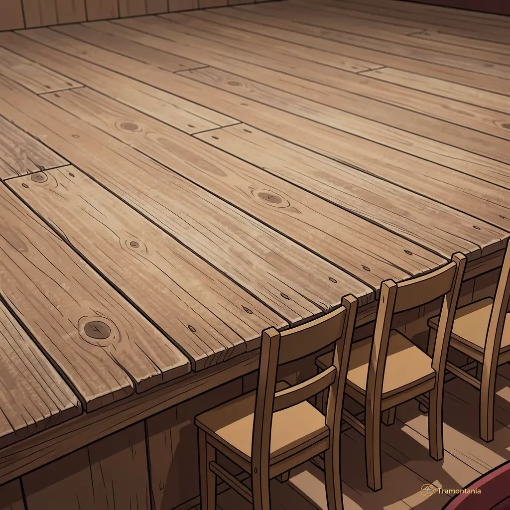 A close-up, detailed shot of a wooden stage floor surface in an empty theatre setting. The focus is on the grain and texture of old wood planks laid side by side. In the immediate foreground, there are several simple, sturdy chairs (three visible) placed neatly but casually against one edge of the stage platform. 2D comic book illustration style.