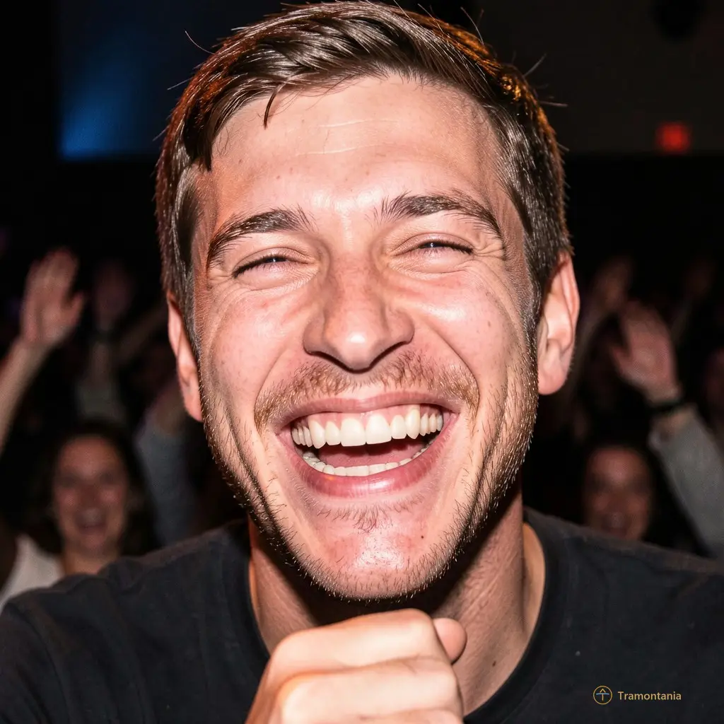 Un gros plan sur un visage rieur capturé par flash during une performance, montrant son expression complice face au public