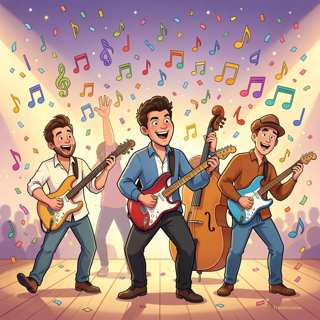 Dessin animé dynamique de musiciens jouant avec enthousiasme, entourés de notes de musique colorées et de confettis, ambiance joyeuse