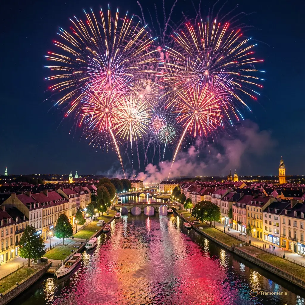 Scène nocturne stylisée d'un feu d'artifice explosif au-dessus d'une ville avec un canal en premier plan, couleurs vives et contrastées