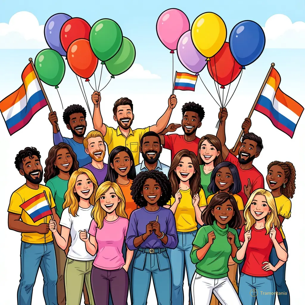 Illustration ludique d'un groupe diversifié de personnes souriantes tenant des ballons et des drapeaux tricolores, style BD colorée