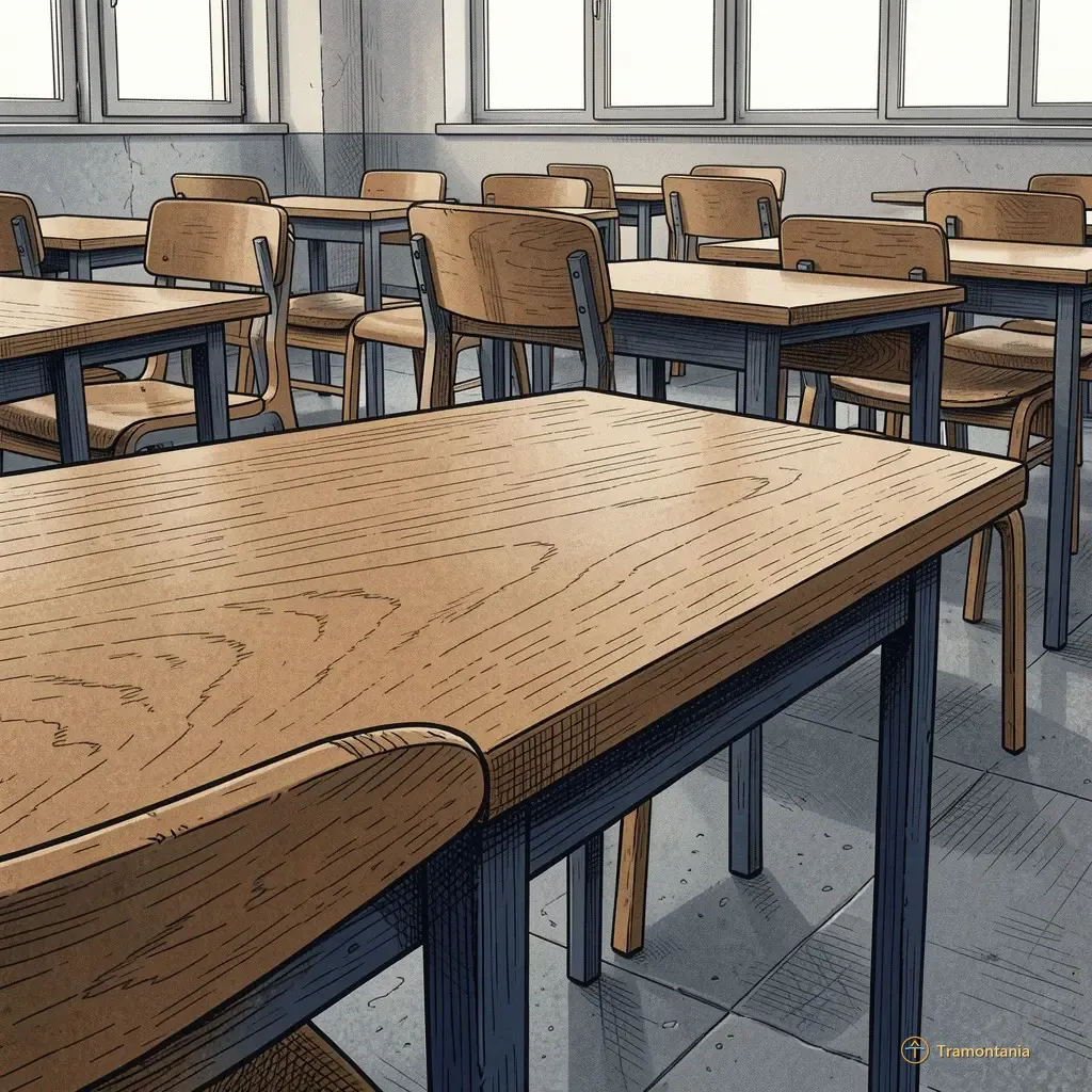L'illustration représente l'aménagement d'une salle académique vide mettant en valeur le grain du bord d'une table sur pierre grise