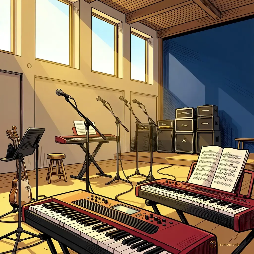La scène professionnelle dans une salle intérieure présente divers instruments comme des claviers, des pupitres et du matériel sonore soigneusement disposé