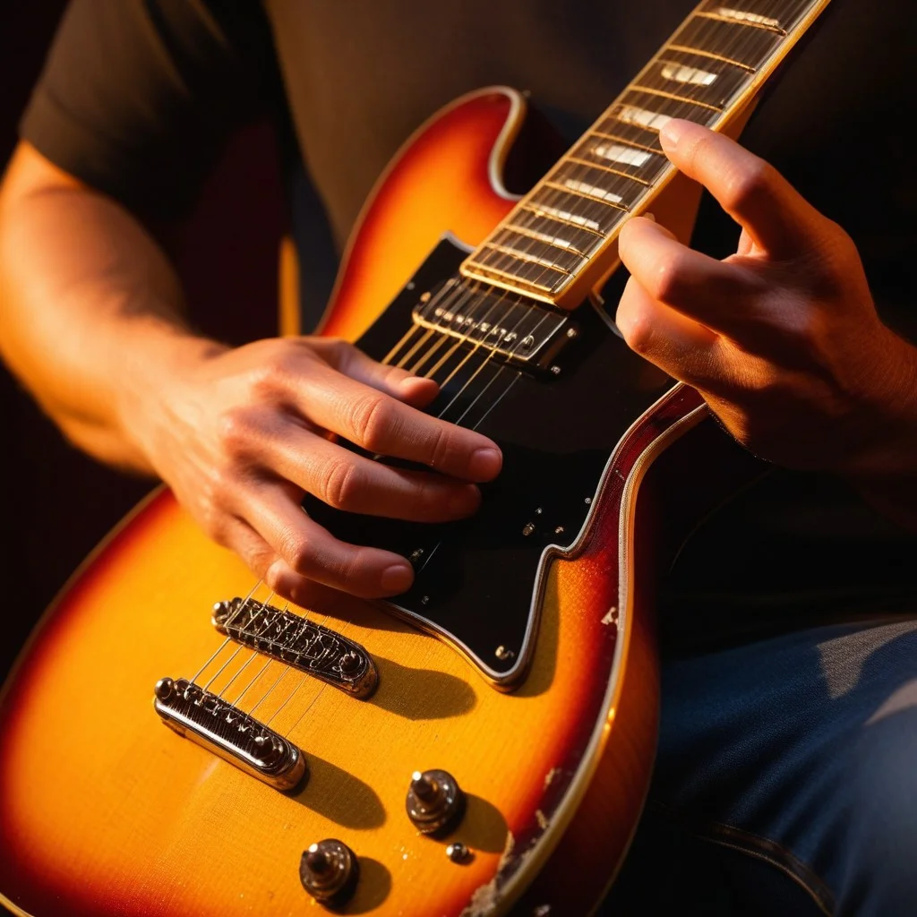 Close-up of weathered hands gripping the neck of an electric guitar, fingers pressing strings, sweat visible on skin, warm amber stage lighting reflecting off the guitar body, intense focus, gritty texture.