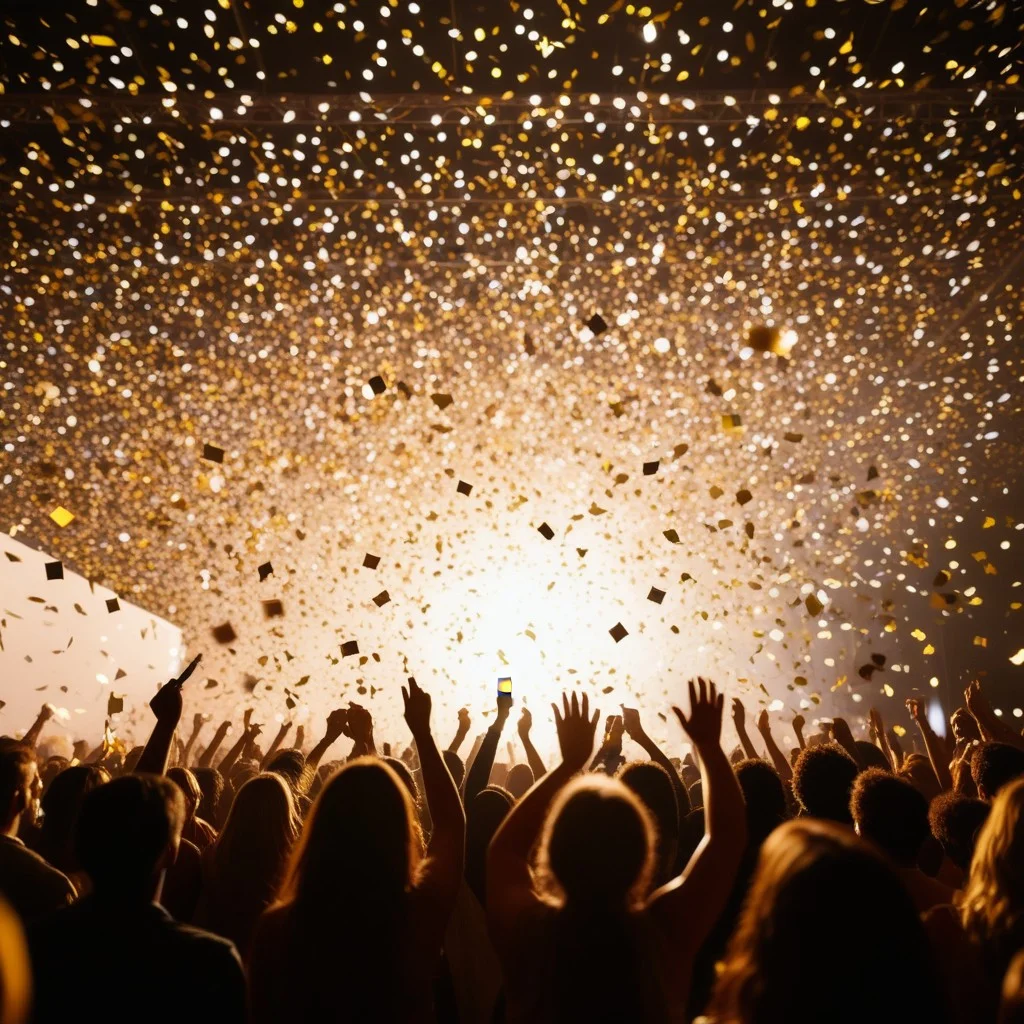 Medium shot of a crowd from behind, heads swaying in unison, silhouetted against a bright white stage light, confetti or dust particles floating in the air, sense of collective energy and euphoria, vibrant and chaotic.
