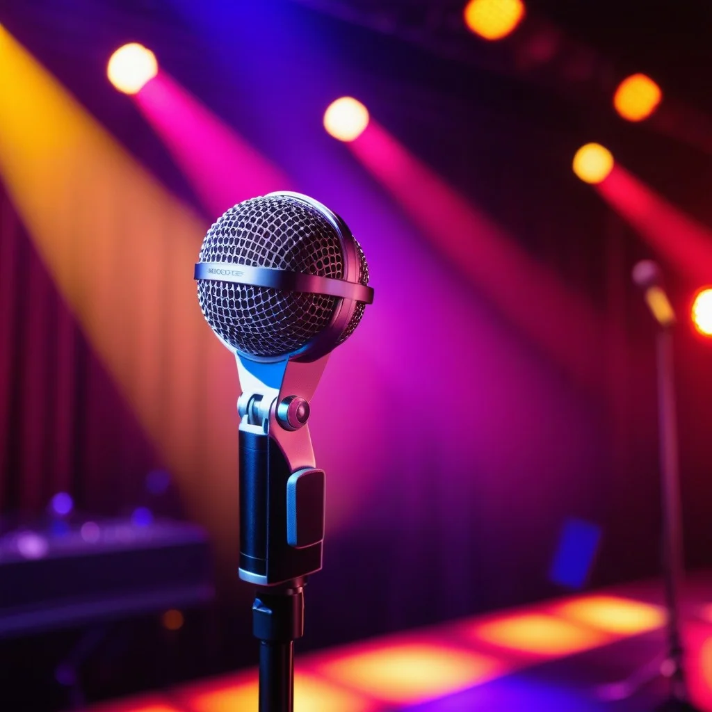 Close-up of a microphone stand with a dynamic mic, blurred background of colorful stage lights reflecting off the metal, capturing the intensity of a live performance moment.