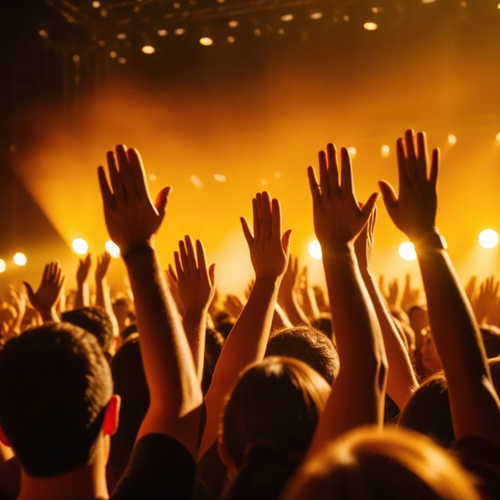 Detail shot of a crowd's hands clapping in unison, illuminated by warm golden stage lighting, conveying a sense of collective joy and energetic participation.