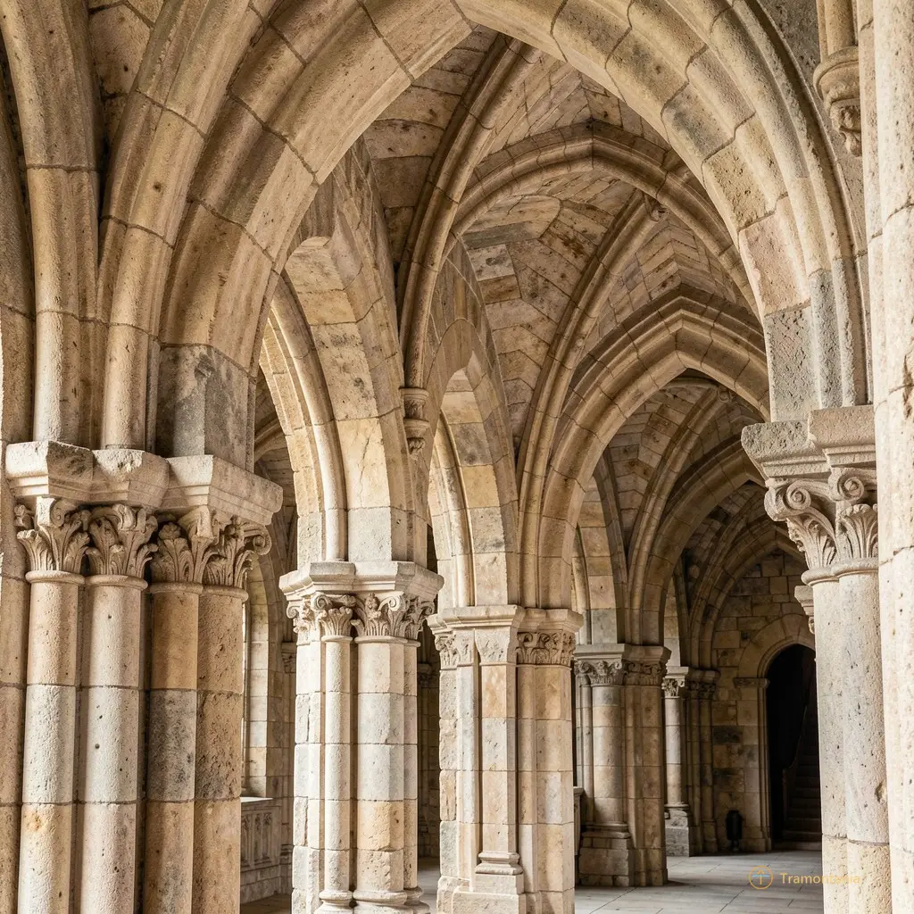 Close-up detail of medieval stone architecture and arched corridors inside the Palace