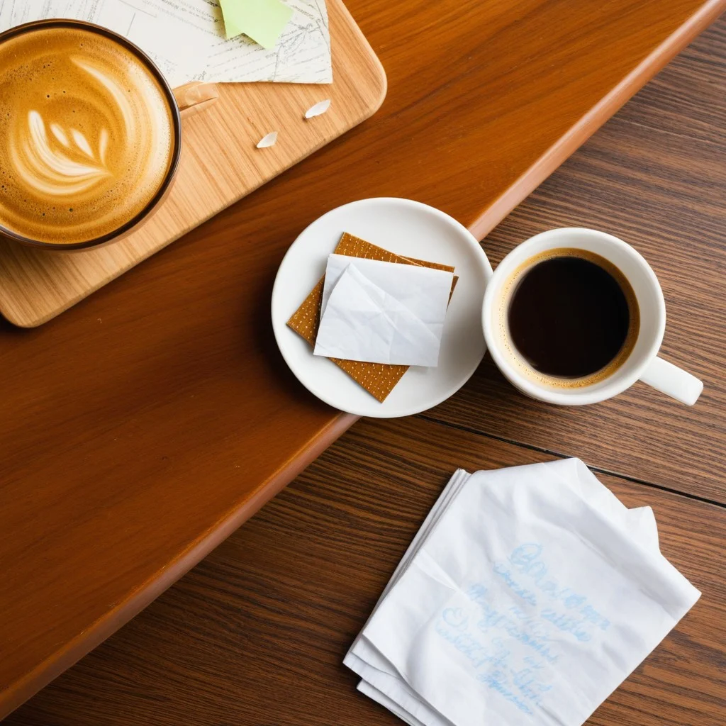 A close-up detail of a wooden coffee table cluttered with a half-drunk cup of espresso, a scattered baby bib, and a crumpled piece of paper with a scribbled note. The focus is sharp on the textures of the wood and the ceramic, conveying a sense of lived-in, chaotic domesticity without showing any faces.