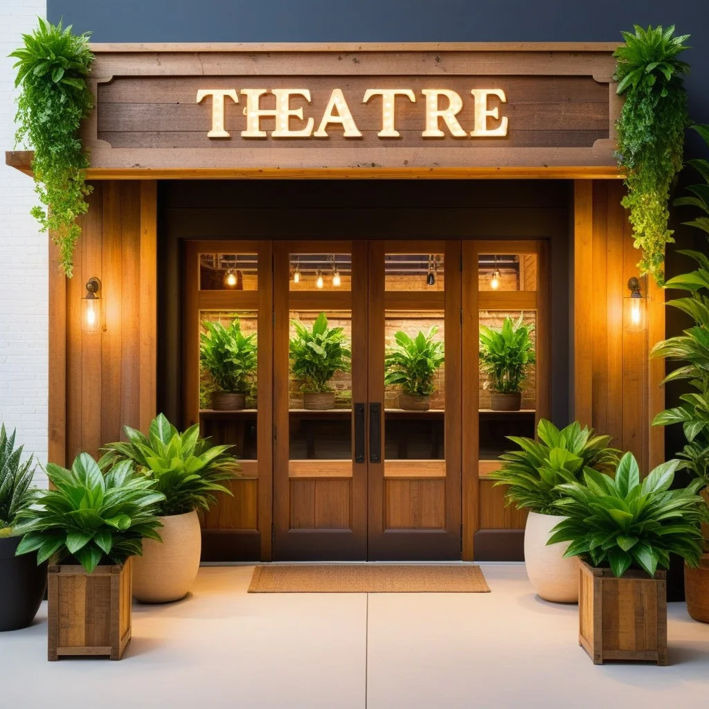 A medium shot of the theater's entrance area, featuring a rustic wooden sign with the venue name, flanked by potted plants with green leaves. The lighting is soft and welcoming, suggesting a warm, community-focused atmosphere. No people are visible, emphasizing the inviting and safe nature of the space.