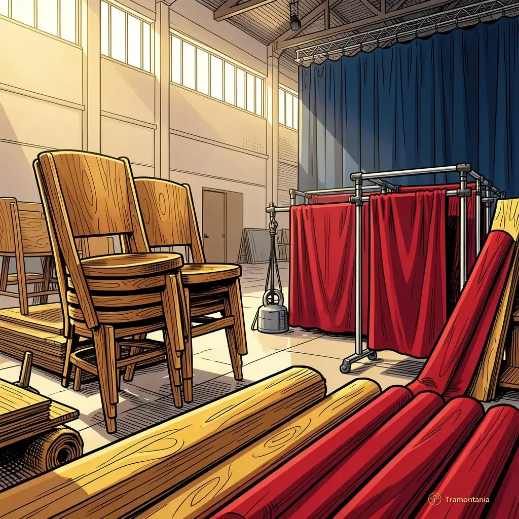 A detailed close-up shot of the backstage area or wings of a large indoor hall, focusing specifically on theatrical equipment and materials—a stack of polished wooden chairs with visible grain patterns, rolls of deep red velvet curtain fabric draped over metal racks, and some simple stage weights used for scenery. The light is bright but indirect (like late afternoon sun filtering through high windows). No people are present.