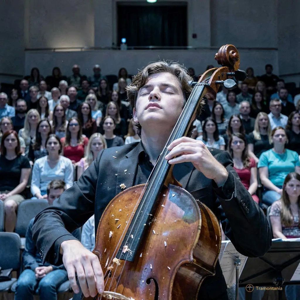 Un violoncelliste âgé de 19 ans, les yeux fermés, le visage tourné vers le plafond. Ses doigts glissent sur les cordes comme des éclats d’orage. Derrière lui, une foule silencieuse, figée dans la lumière bleue.