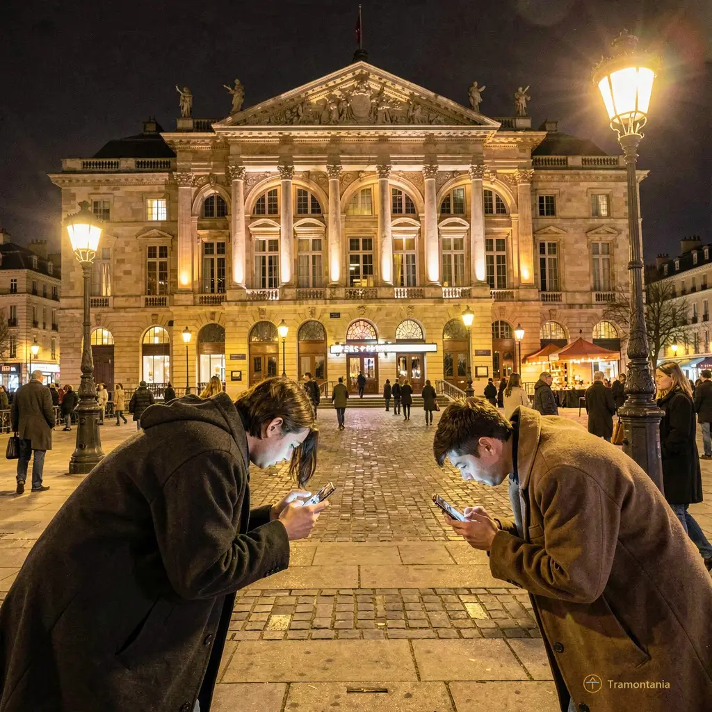 La place devant le théâtre, illuminée par les lumières du bâtiment et celles des réverbères. Des jeunes en manteaux trop grands se penchent sur leurs téléphones pour filmer la nuit — pas pour partager, juste pour retenir ce qui vient de passer.