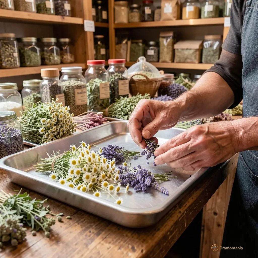 Dynamic scene in a traditional herb shop: expert hands sorting dried colorful herbs (chamomile, lavender) on a brushed metal tray