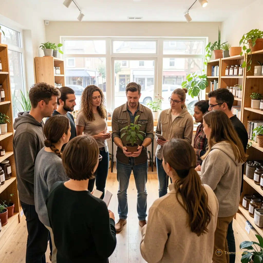 Wide view of an attentive group in a circle inside a bright shop, looking at a plant specimen held by the instructor, warm and studious atmosphere