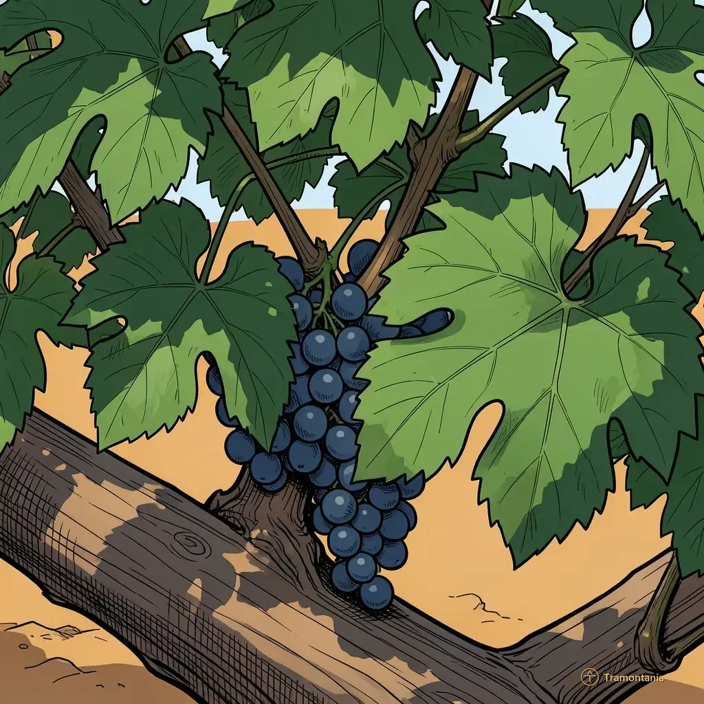 De grandes feuilles de vigne robustes et petits grappes de raisins accrochées à la structure végétale sont bien visibles