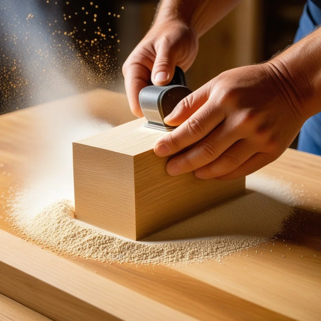 Close-up of hands sanding a piece of light-colored oak wood, dust particles floating in the air, highlighting the texture and craftsmanship of a local artisan.