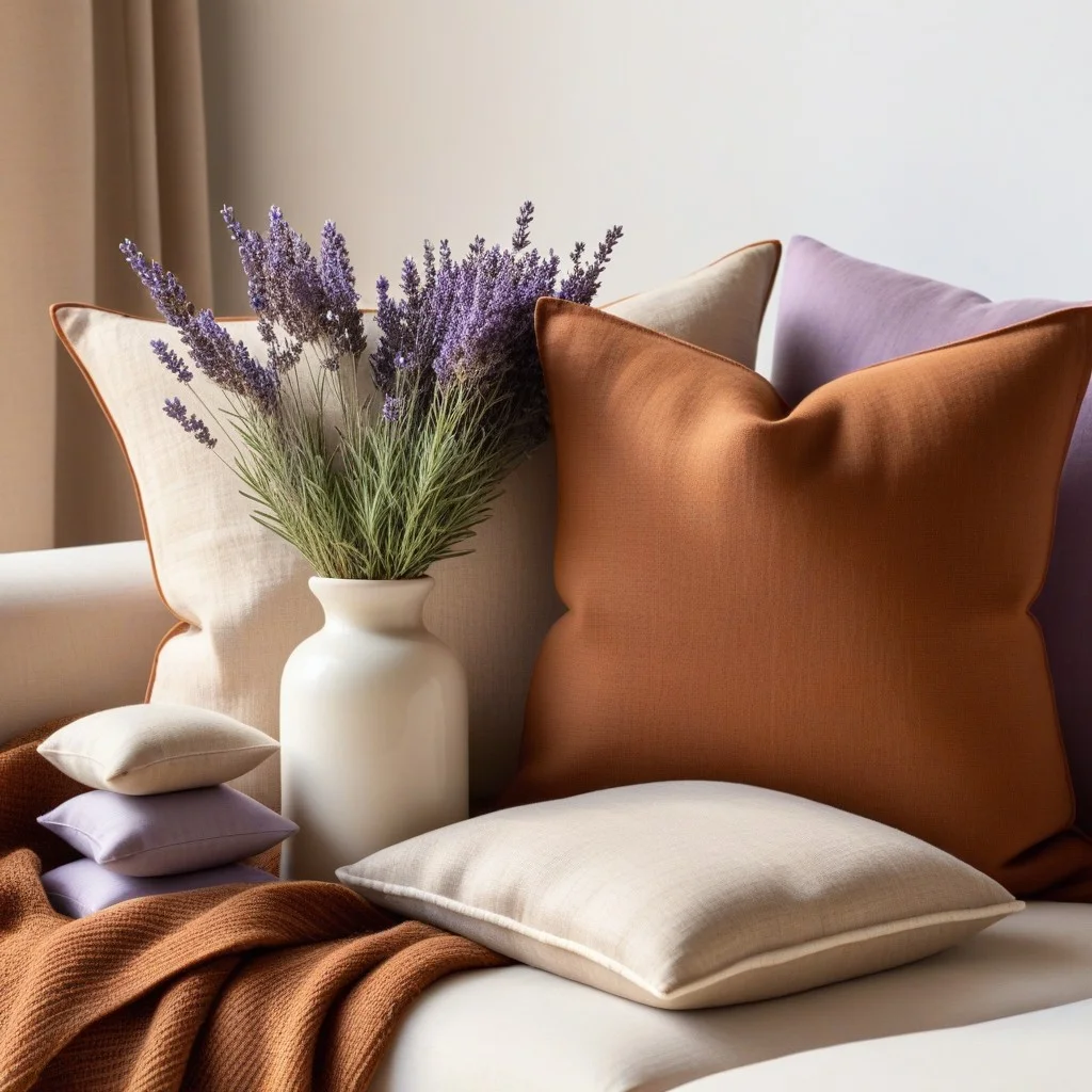 Detail shot of a cozy corner featuring a stack of linen cushions in earth tones, a small ceramic vase with dried lavender, and a soft throw blanket, evoking a warm, inviting atmosphere.