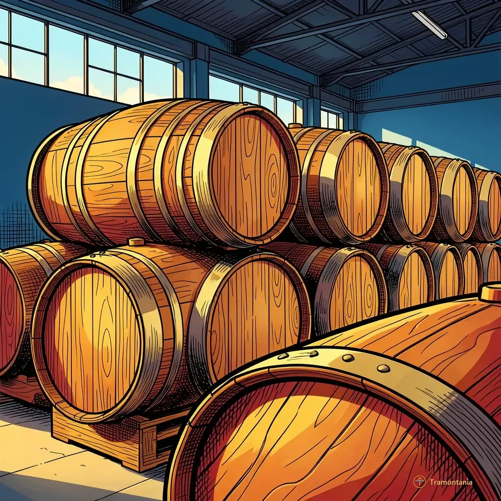 Une collection de fûts vides, polis horizontalement, repose dans un entrepôt au style industriel avec diverses textures de bois