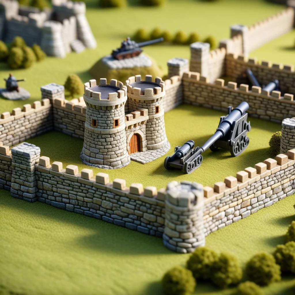 A close-up view of the miniature fortifications on the relief map. The focus is on the intricate details of the stone walls and the strategic placement of the cannons, rendered in a realistic, high-definition photographic style that captures the texture of the miniature materials.