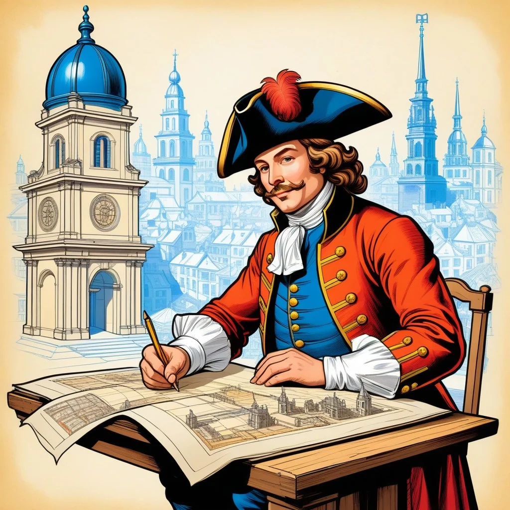 A vibrant, retro-style illustration of a 17th-century engineer in a tricorne hat, sketching a city plan on parchment, surrounded by floating architectural elements like towers and gates, in a colorful and dynamic comic book style.
