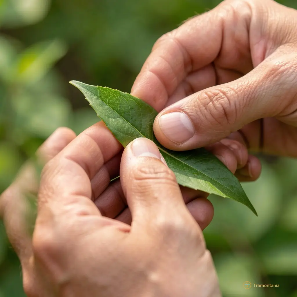 Photographie détaillée de mains récoltant délicatement une feuille verte, mettant l'accent sur le contact tactile et la texture naturelle