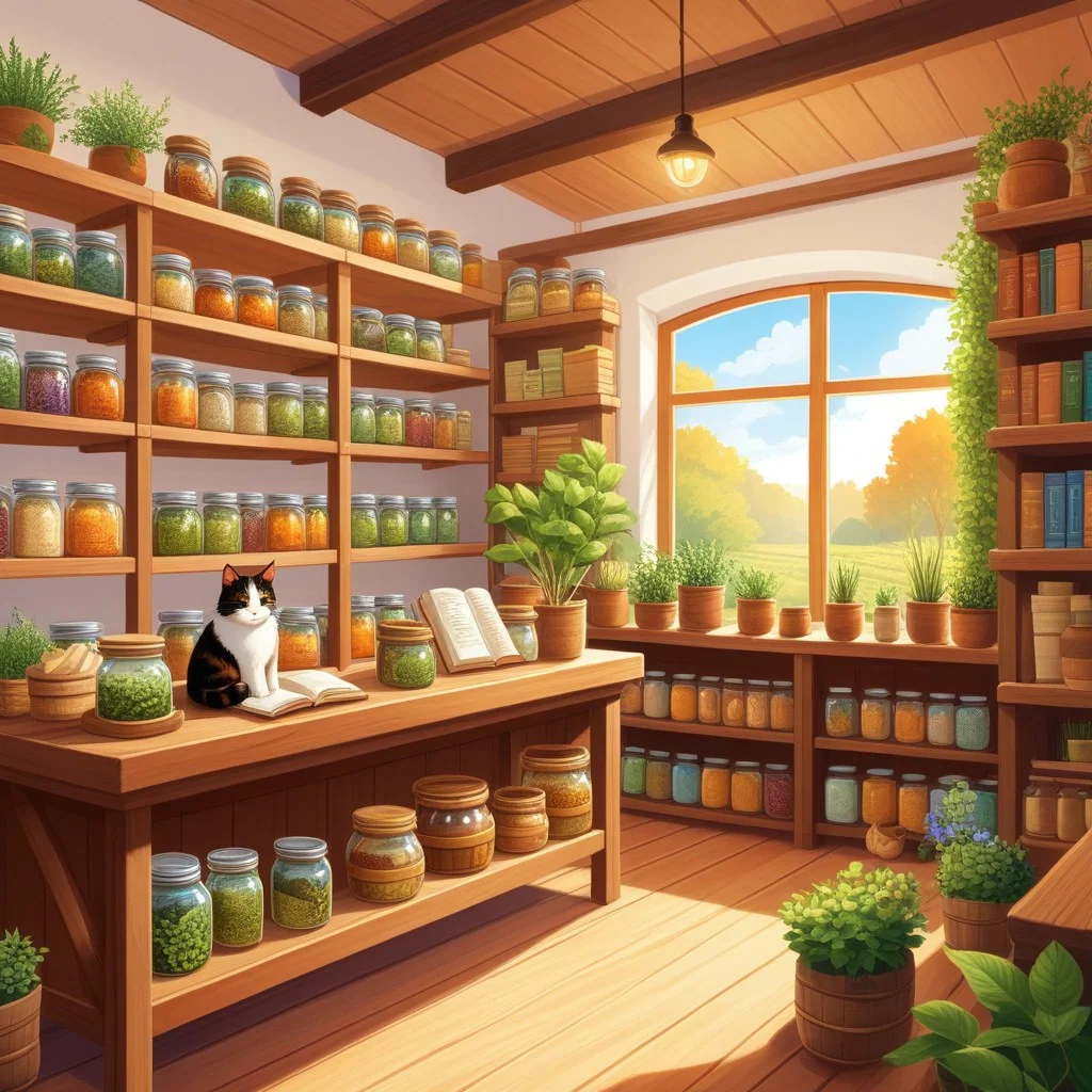 A wide-angle illustration of a cozy, sunlit herbalist shop interior with wooden shelves filled with labeled jars, a customer reading a small notebook, and a cat sleeping on a stack of books, capturing a warm and welcoming atmosphere.