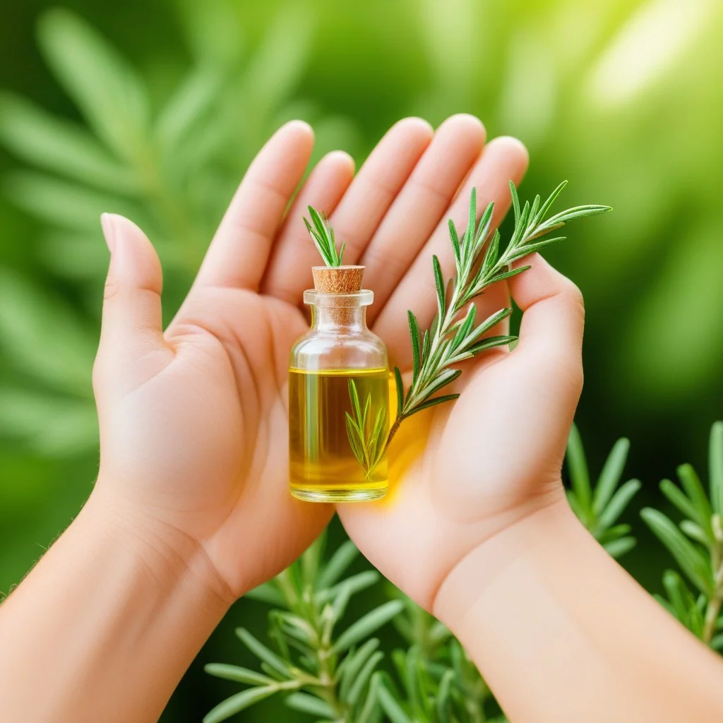 A detailed illustration of hands gently holding a sprig of fresh rosemary and a small vial of oil, with a background of soft, blurred green foliage, emphasizing the tactile and sensory aspect of herbal medicine.